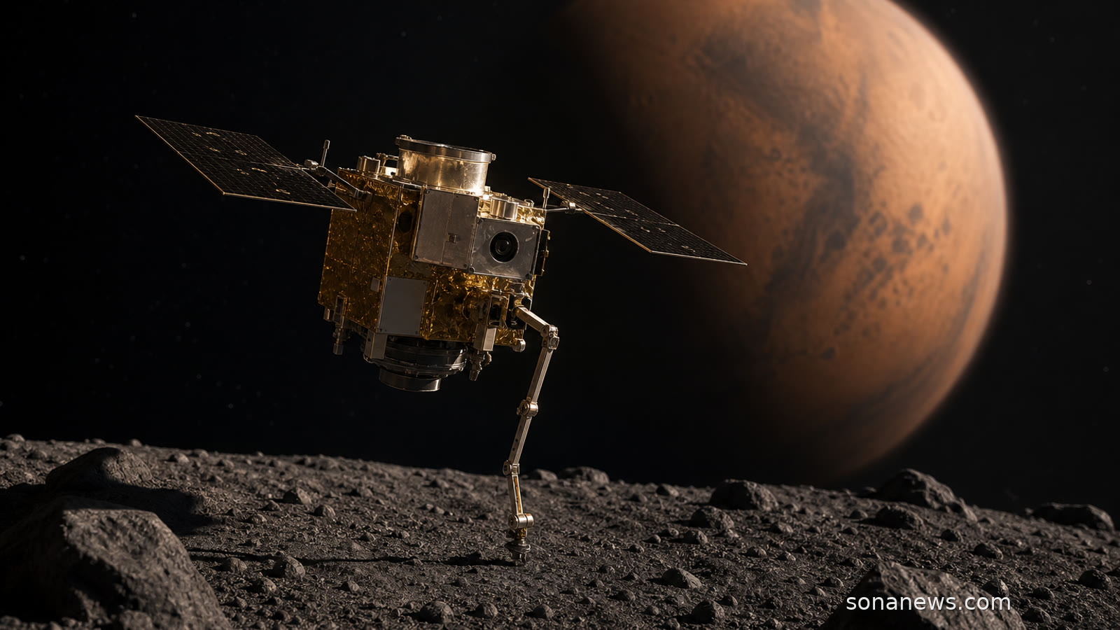 火星とフォボスに接近するMMX探査機の科学的編集イラスト