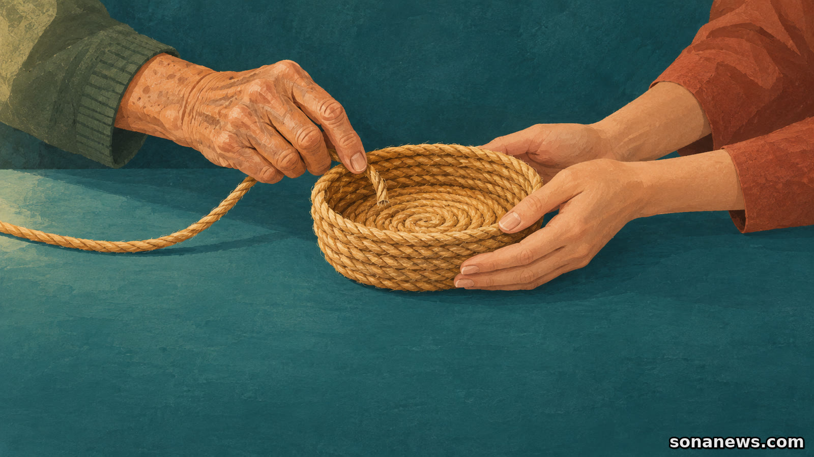 رسم ليد أكبر سنًا توجّه حبلًا ويدين شابتين تسندان سلة فوق طاولة، لتوضيح تبادل المهارات بين الأجيال
