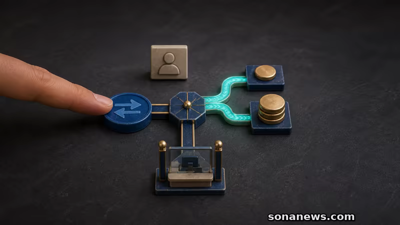 يد تدفع رمز تحويل أزرق نحو مفترق بين قناة رقمية وبوابة فرع، مع مجموعتي عملات صغيرتين تحددان شريحتي المبلغ