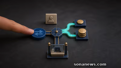 يد تدفع رمز تحويل أزرق نحو مفترق بين قناة رقمية وبوابة فرع، مع مجموعتي عملات صغيرتين تحددان شريحتي المبلغ