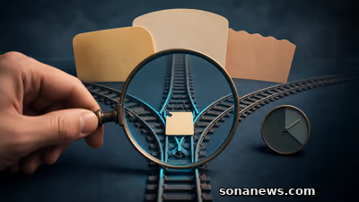 يد تمسك عدسة فوق تذكرة فارغة عند مفترق سكة، وخلفها ثلاث بطاقات بلا نص وساعة صغيرة، في رسم مفاهيمي