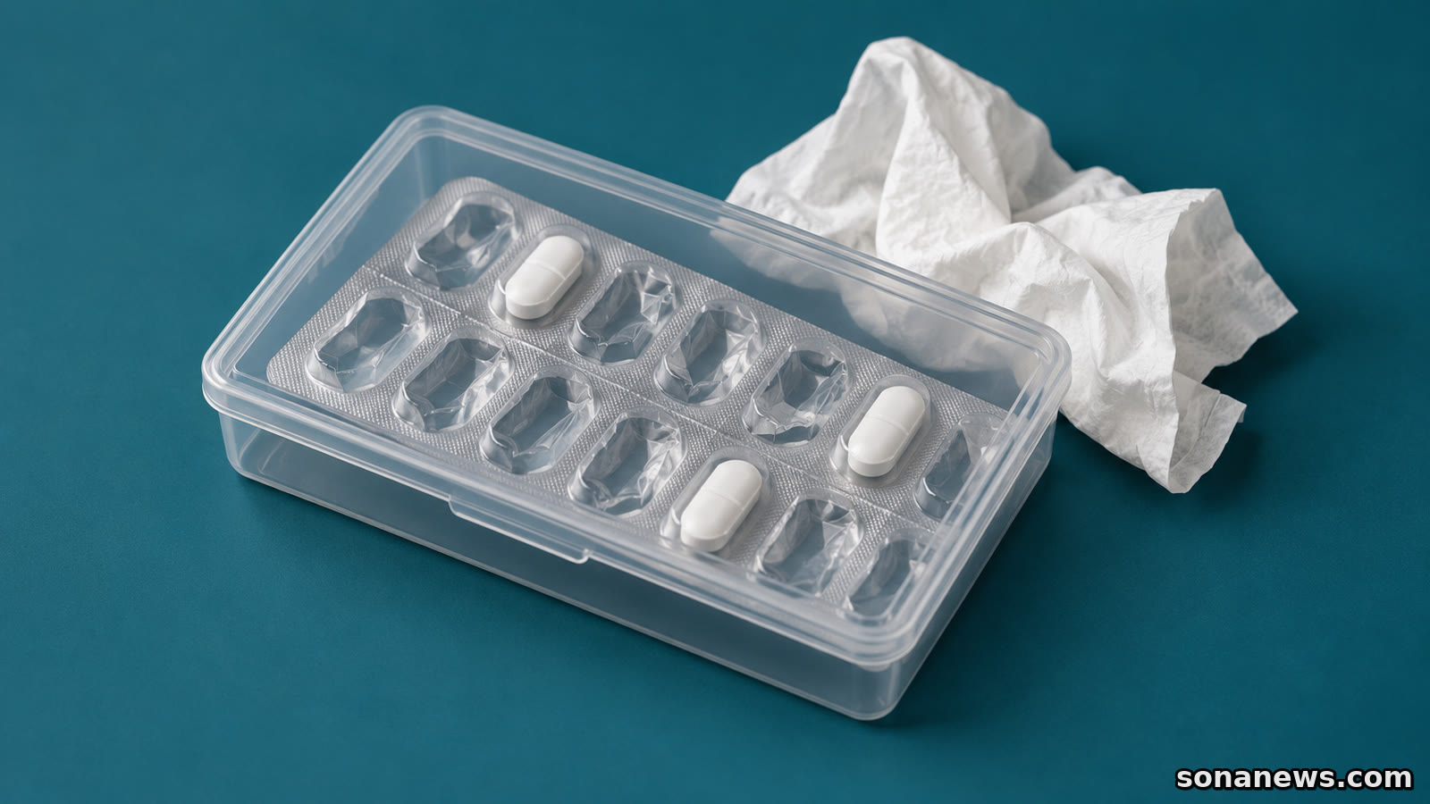 Teilweise geleerter Tablettenblister unter einem transparenten Deckel neben einem weißen Taschentuch, als Illustration zu Antibiotika-Resten und einer neuen Erkältung.