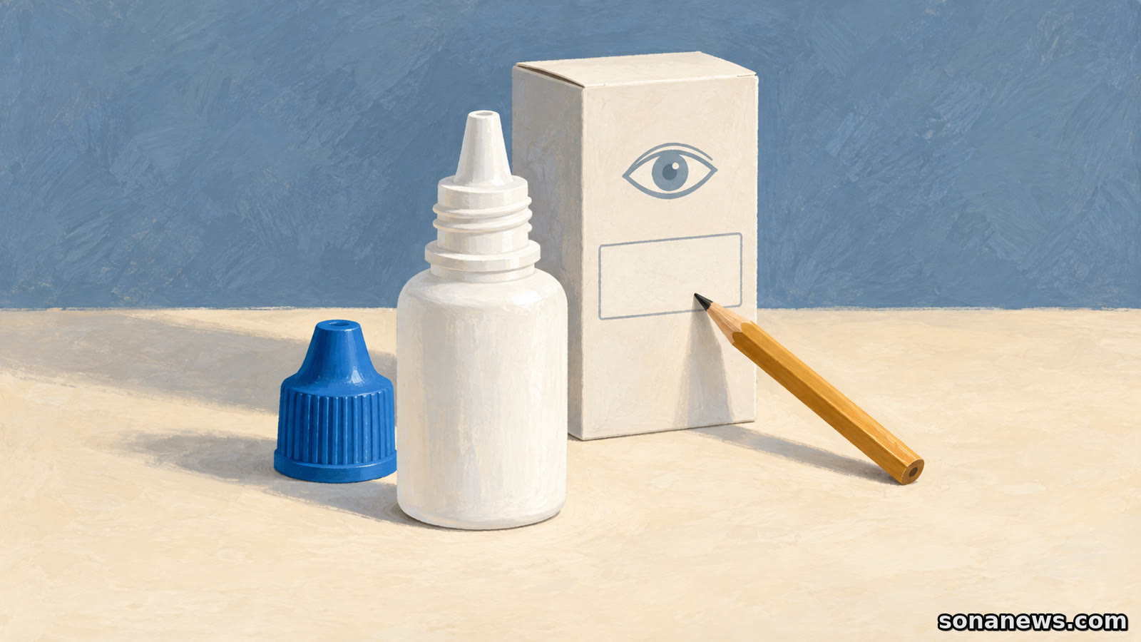 Illustration einer geöffneten Augentropfenflasche mit blauer Kappe und einem Bleistift an einem leeren Notizfeld für das Anbruchdatum.
