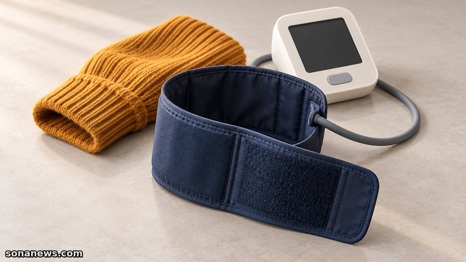 Offene Blutdruckmanschette neben einem separat liegenden ockerfarbenen Strickärmel und einem Messgerät mit leerem Display, als Illustration zur Messvorbereitung.