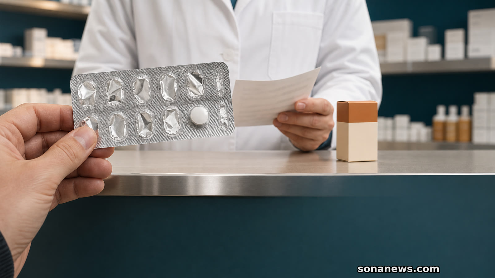 Hand hält den Blister eines Dauermedikaments mit einer Tablette am Apothekentresen, während ein Apotheker den Medikationsnachweis prüft.
