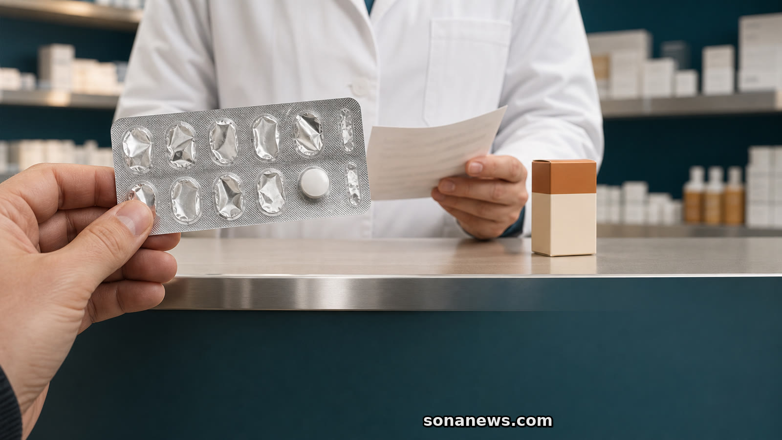 Hand hält den Blister eines Dauermedikaments mit einer Tablette am Apothekentresen, während ein Apotheker den Medikationsnachweis prüft.