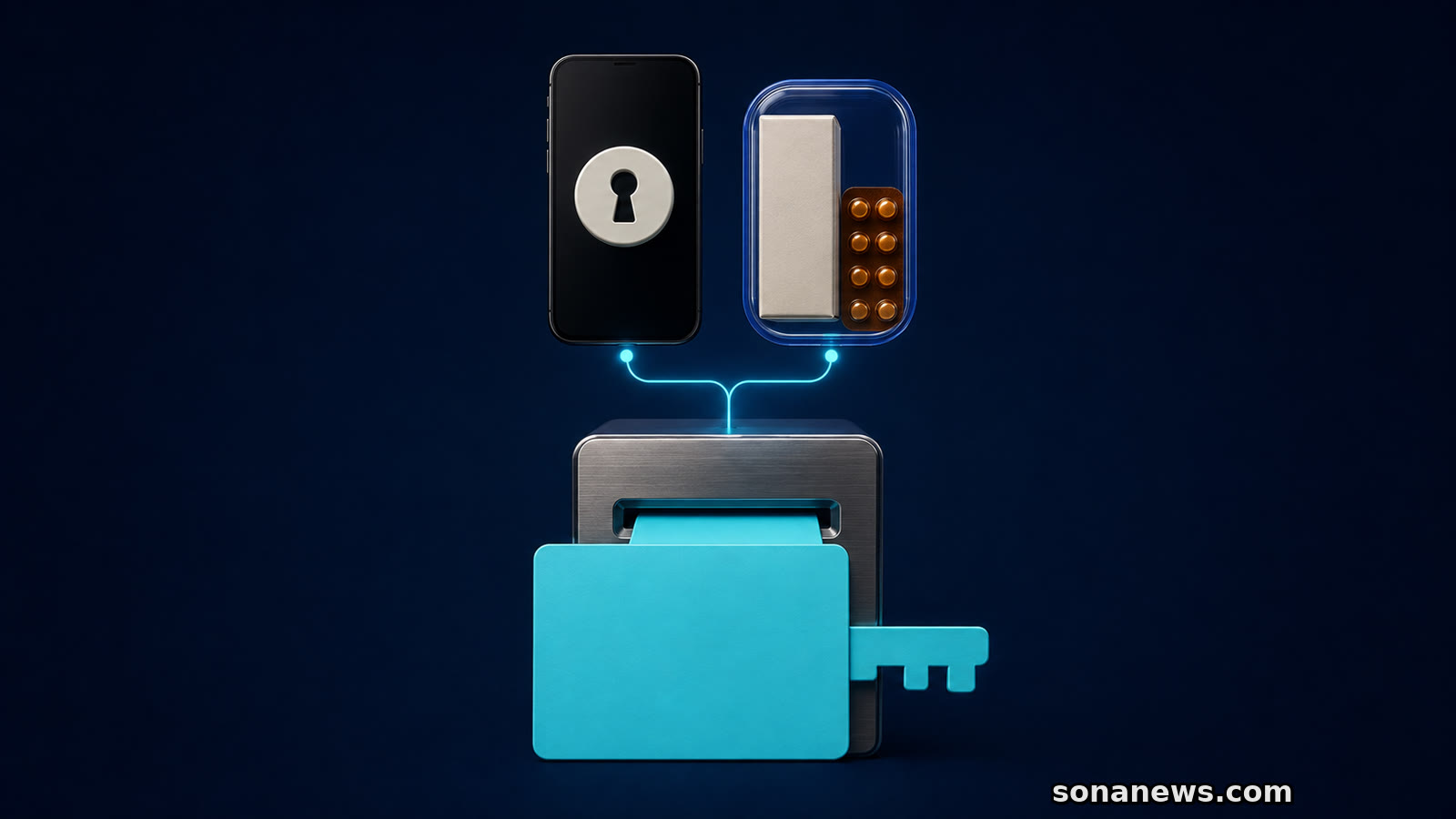 Eine türkisfarbene Gesundheitskarte als Schlüssel öffnet ein Lesegerät zu einem separat gespeicherten Medikament; ein Smartphone bleibt Nebenweg.