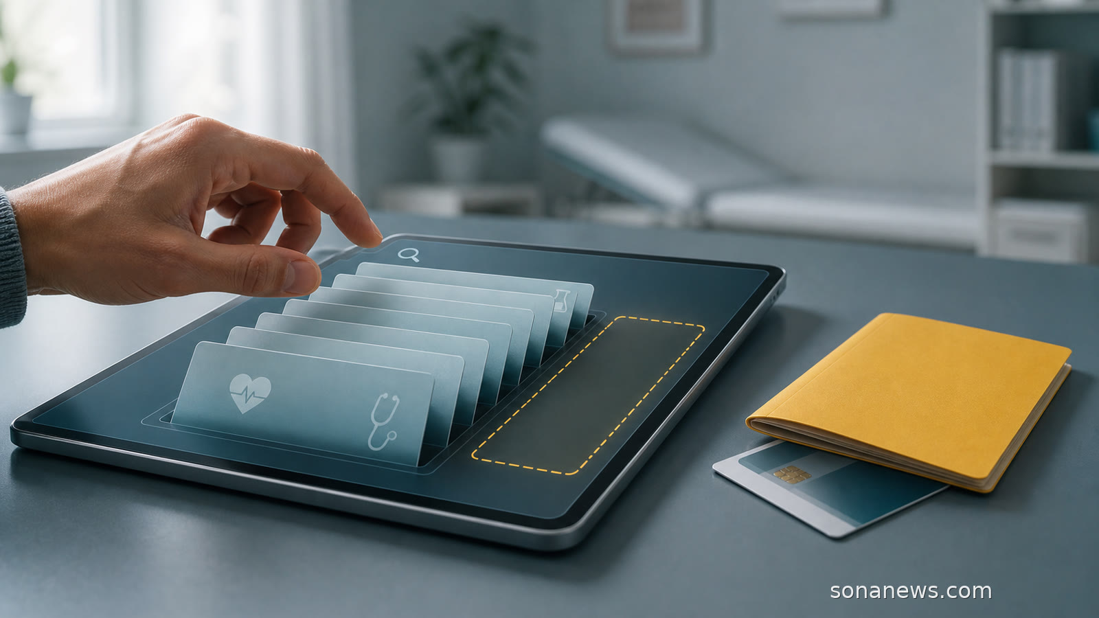 Hand sortiert symbolische ePA-Gesundheitsdokumente auf einem Tablet neben gelbem Impfbuch und elektronischer Gesundheitskarte.