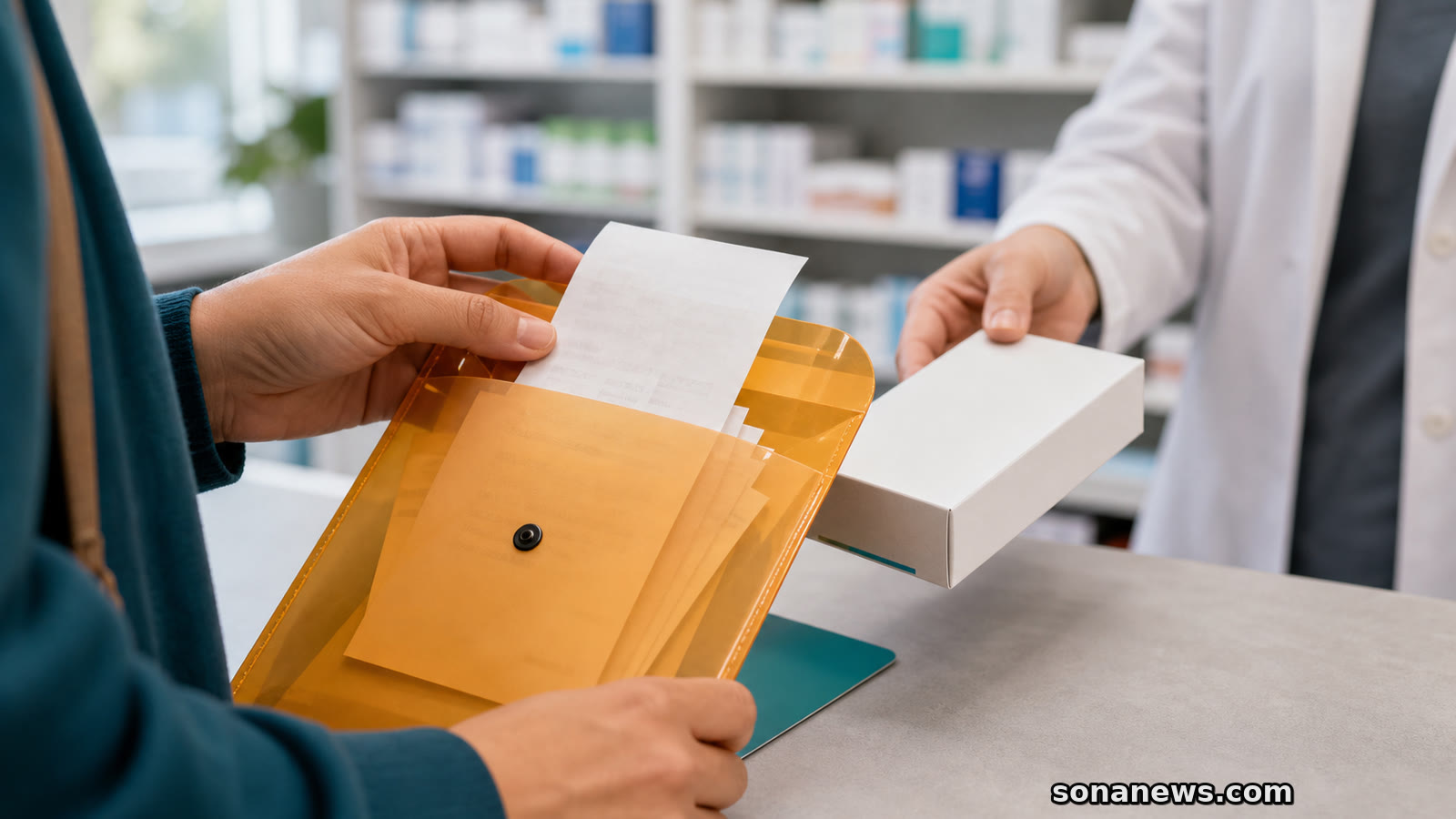 Hand legt eine Apothekenquittung zu weiteren Belegen in eine bernsteinfarbene Mappe neben Medikament und Versichertenkarte.