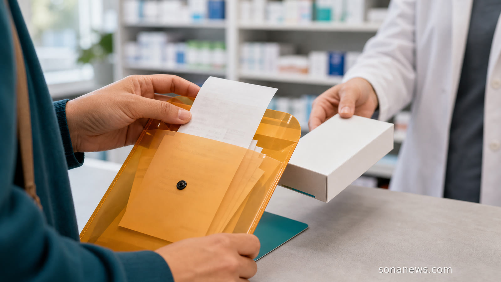 Hand legt eine Apothekenquittung zu weiteren Belegen in eine bernsteinfarbene Mappe neben Medikament und Versichertenkarte.