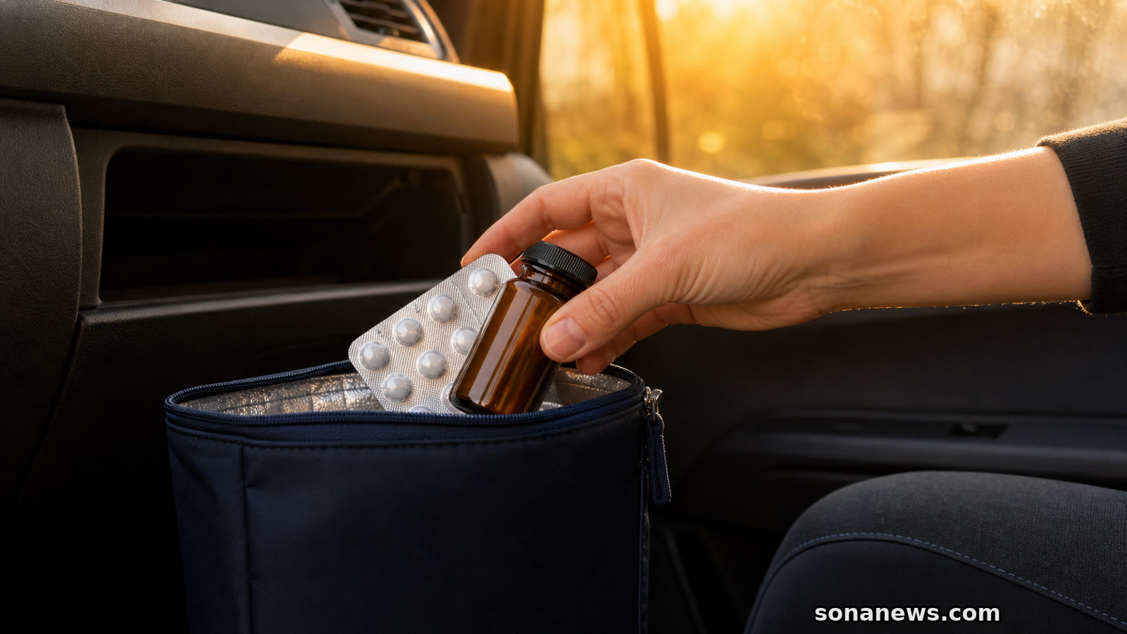 Hand nimmt Tablettenblister und Arzneiflasche aus einem aufgeheizten Auto und legt sie in eine dunkle Transporttasche.