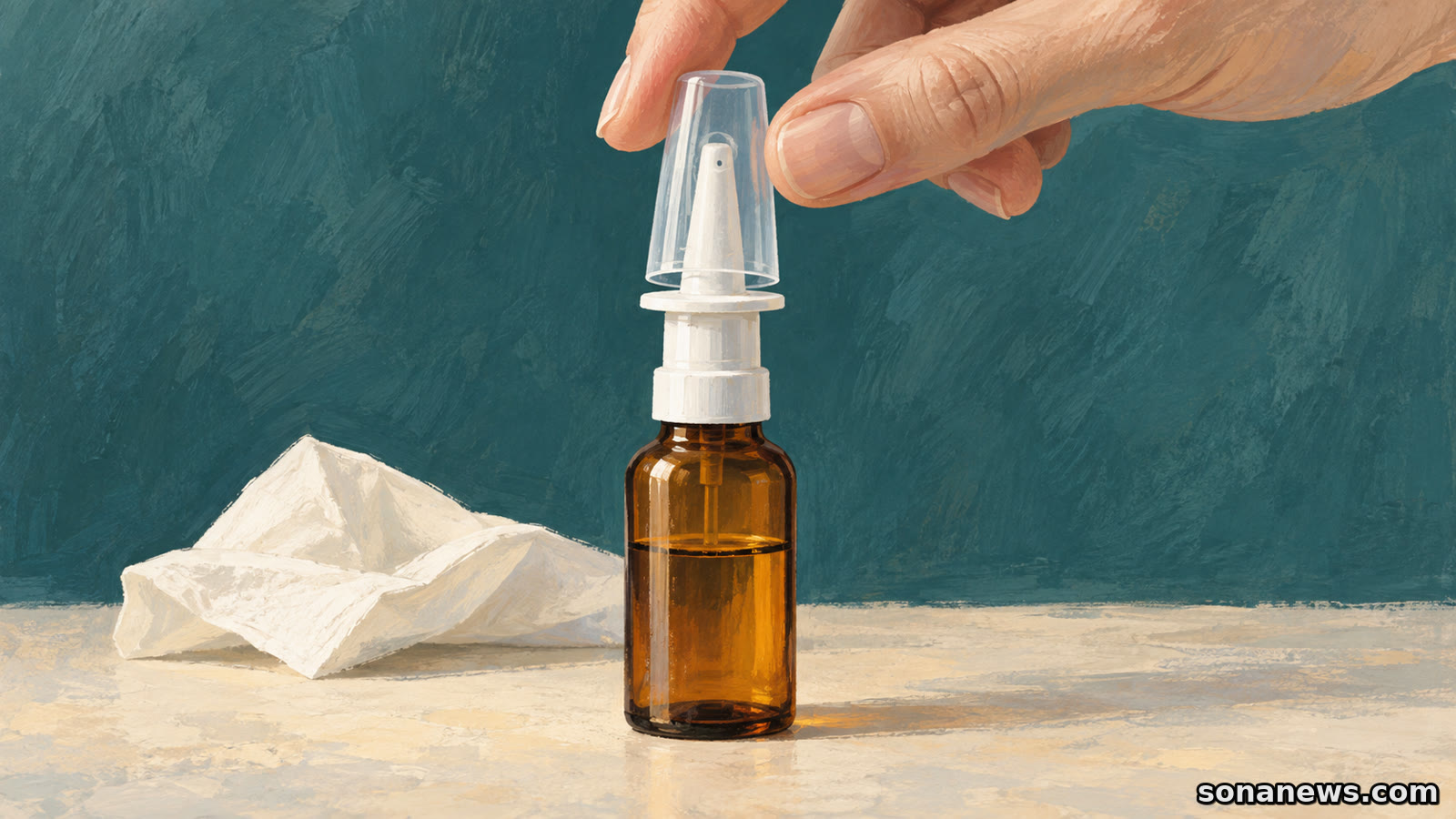 Illustration einer Hand, die eine Nasenspray-Flasche mit verbliebener Flüssigkeit verschließt; daneben liegt ein weißes Taschentuch als Hinweis auf Schnupfen.