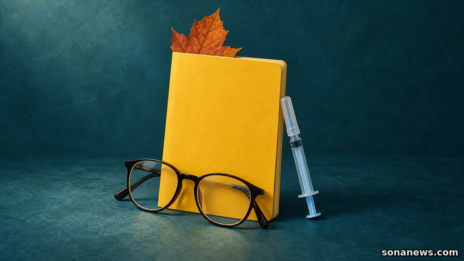 Gelbes Impfheft mit Herbstblatt und einzelner geschützter Spritze als Illustration zur Prüfung des RSV-Impfstatus vor dem Herbsttermin.