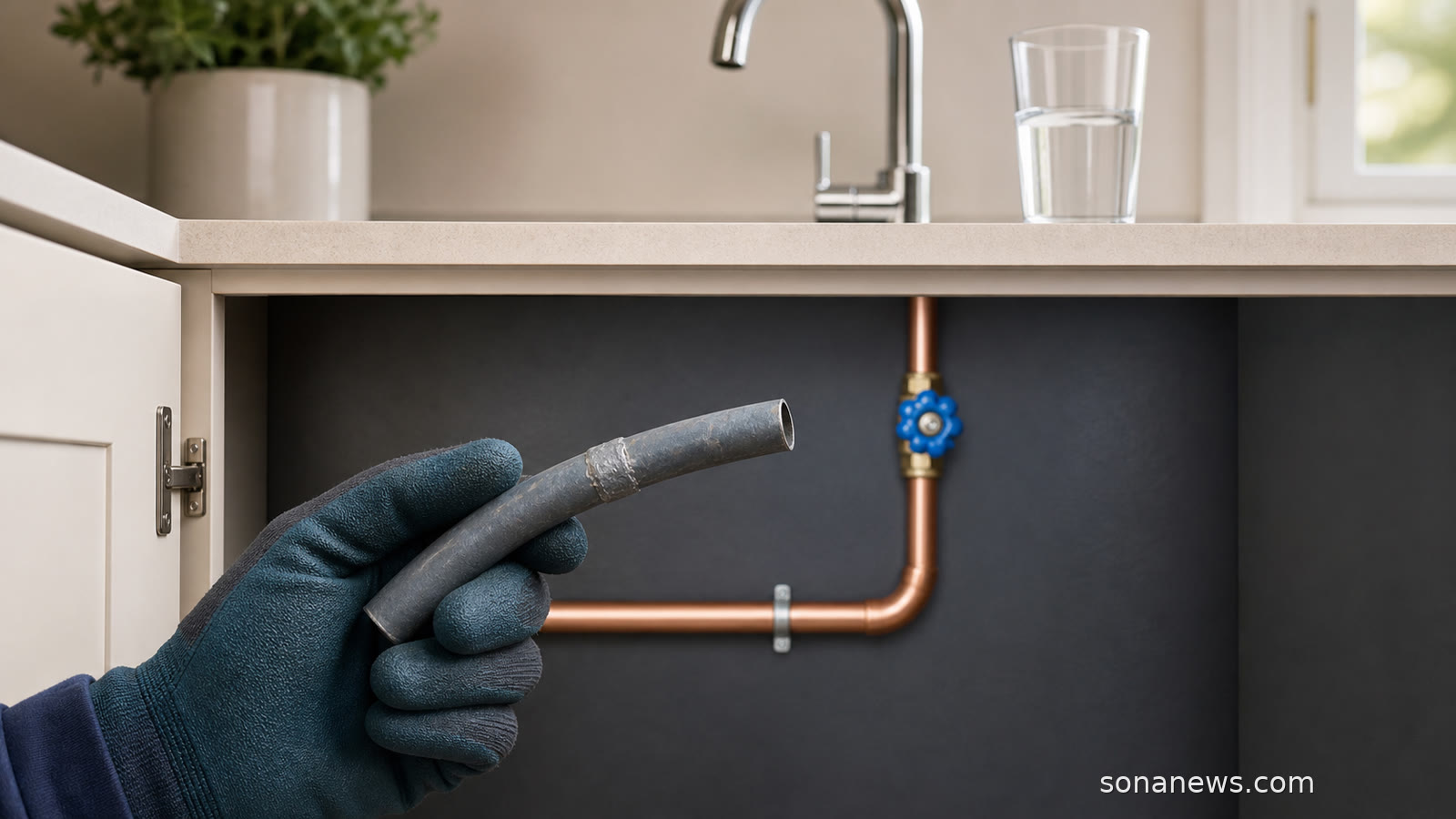 Behandschuhte Hand hält eine entfernte graue Bleileitung vor der neuen Trinkwasserleitung unter einer Küchenspüle.