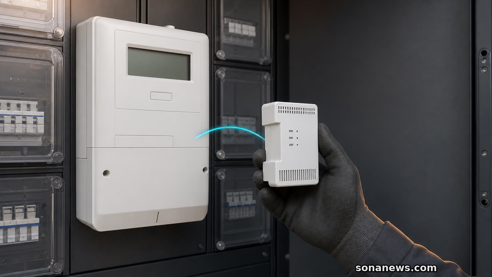 Fachhandschuh hält ein separates Smart-Meter-Gateway neben einem digitalen Stromzähler im geschützten Zählerschrank.