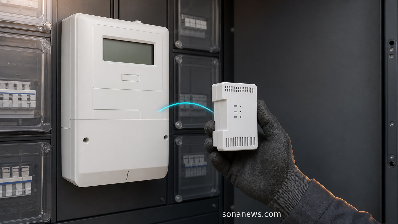 Fachhandschuh hält ein separates Smart-Meter-Gateway neben einem digitalen Stromzähler im geschützten Zählerschrank.