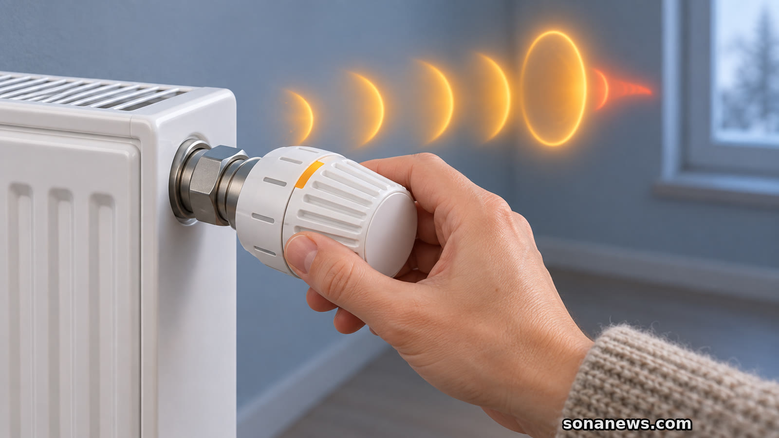 Hand stoppt einen Heizkörperthermostat am warmen Zielbereich; ein roter Bogen bleibt weitergedreht sichtbar.