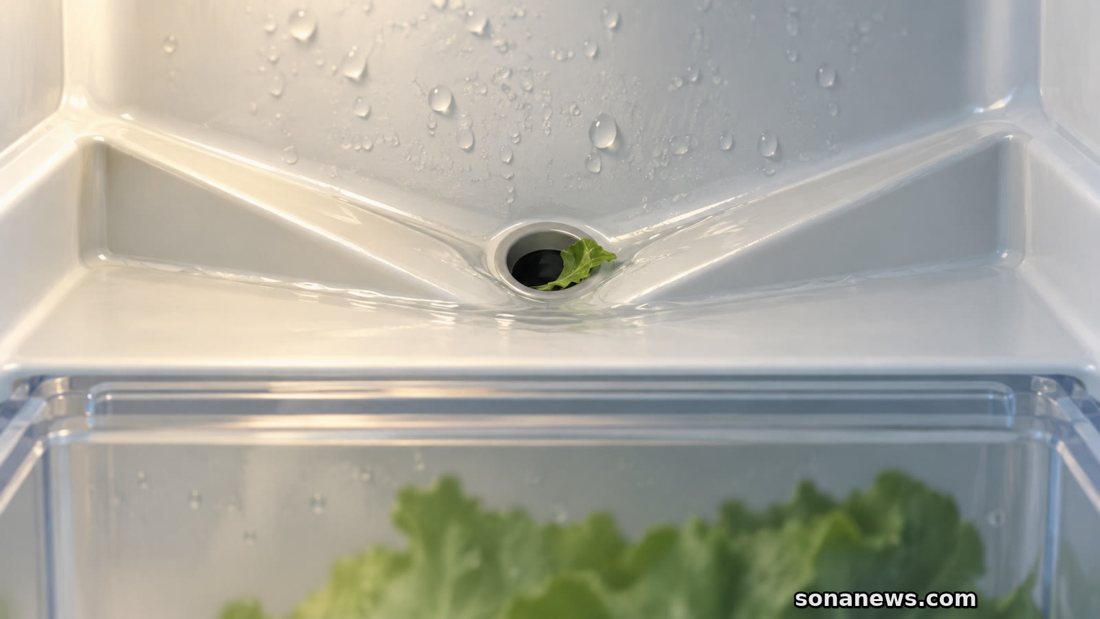 Konzeptillustration: Wassertropfen an einer Kühlschrankrückwand sammeln sich in einer V-förmigen Tauwasserrinne mit Ablauföffnung über der transparenten Gemüseschublade.