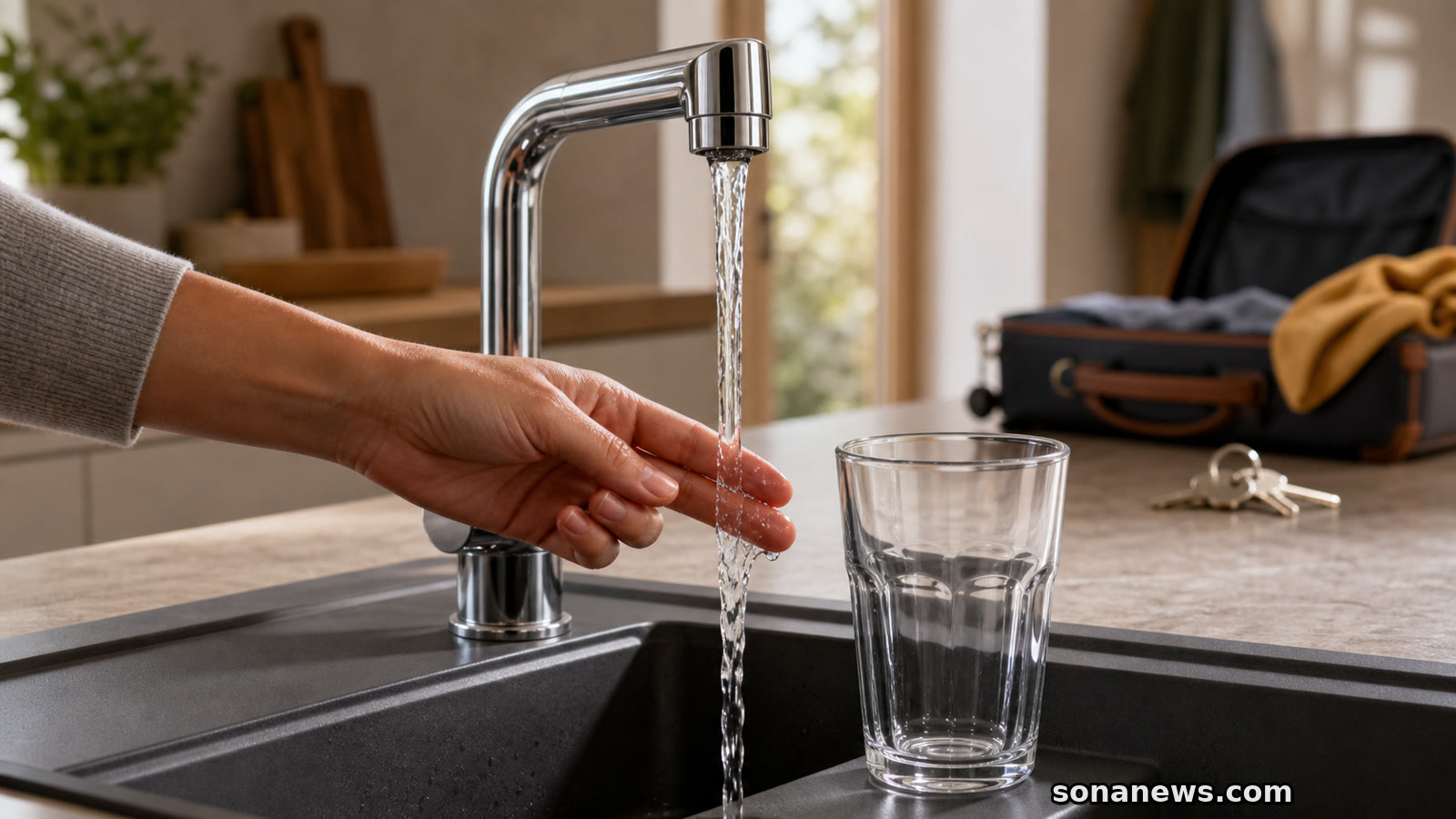 Eine Hand prüft den klaren Wasserstrahl am Küchenhahn, während ein leeres Trinkglas nach der Urlaubsrückkehr wartet.