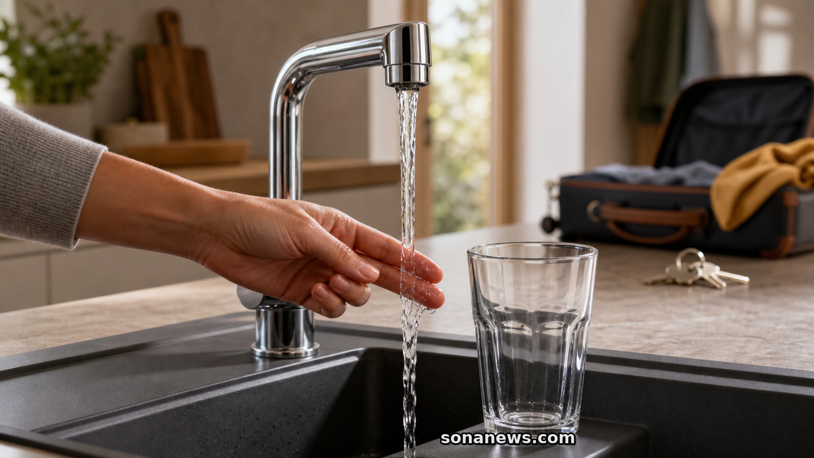 Eine Hand prüft den klaren Wasserstrahl am Küchenhahn, während ein leeres Trinkglas nach der Urlaubsrückkehr wartet.