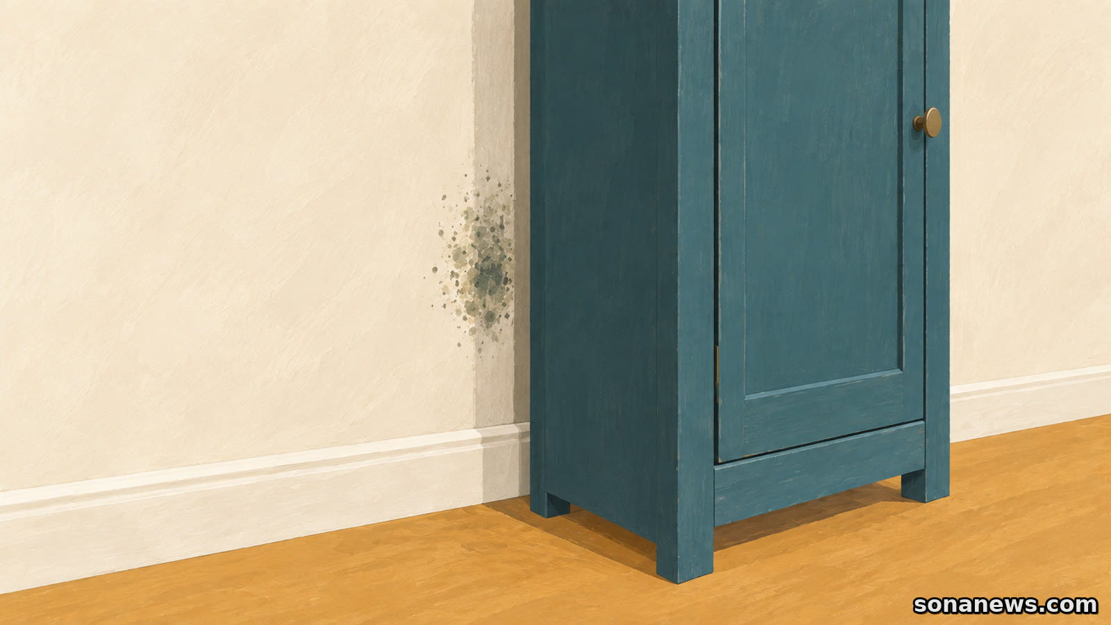 Konzeptillustration: Ein petrolfarbener Schrank steht vor einer hellen Wand, an seiner hinteren Kante ist ein kleiner Schimmelfleck sichtbar.