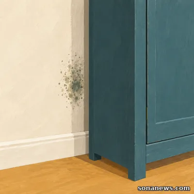 Konzeptillustration: Ein petrolfarbener Schrank steht vor einer hellen Wand, an seiner hinteren Kante ist ein kleiner Schimmelfleck sichtbar.