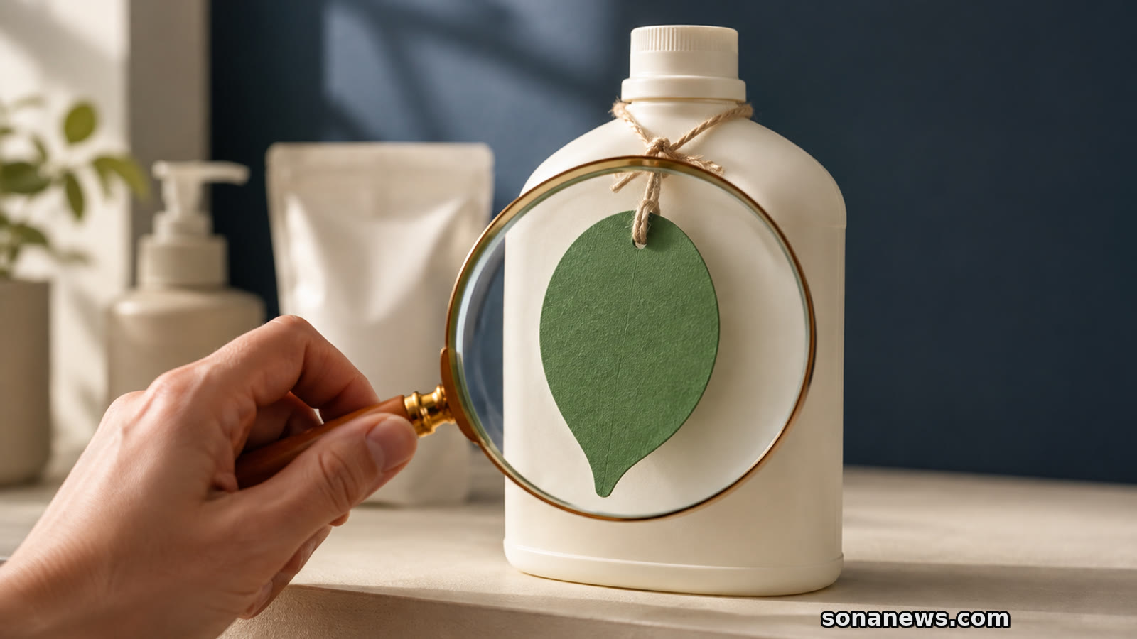 Eine Hand prüft mit einer Lupe einen grünen Blatt-Anhänger an einer markenlosen weißen Haushaltsflasche im Laden.