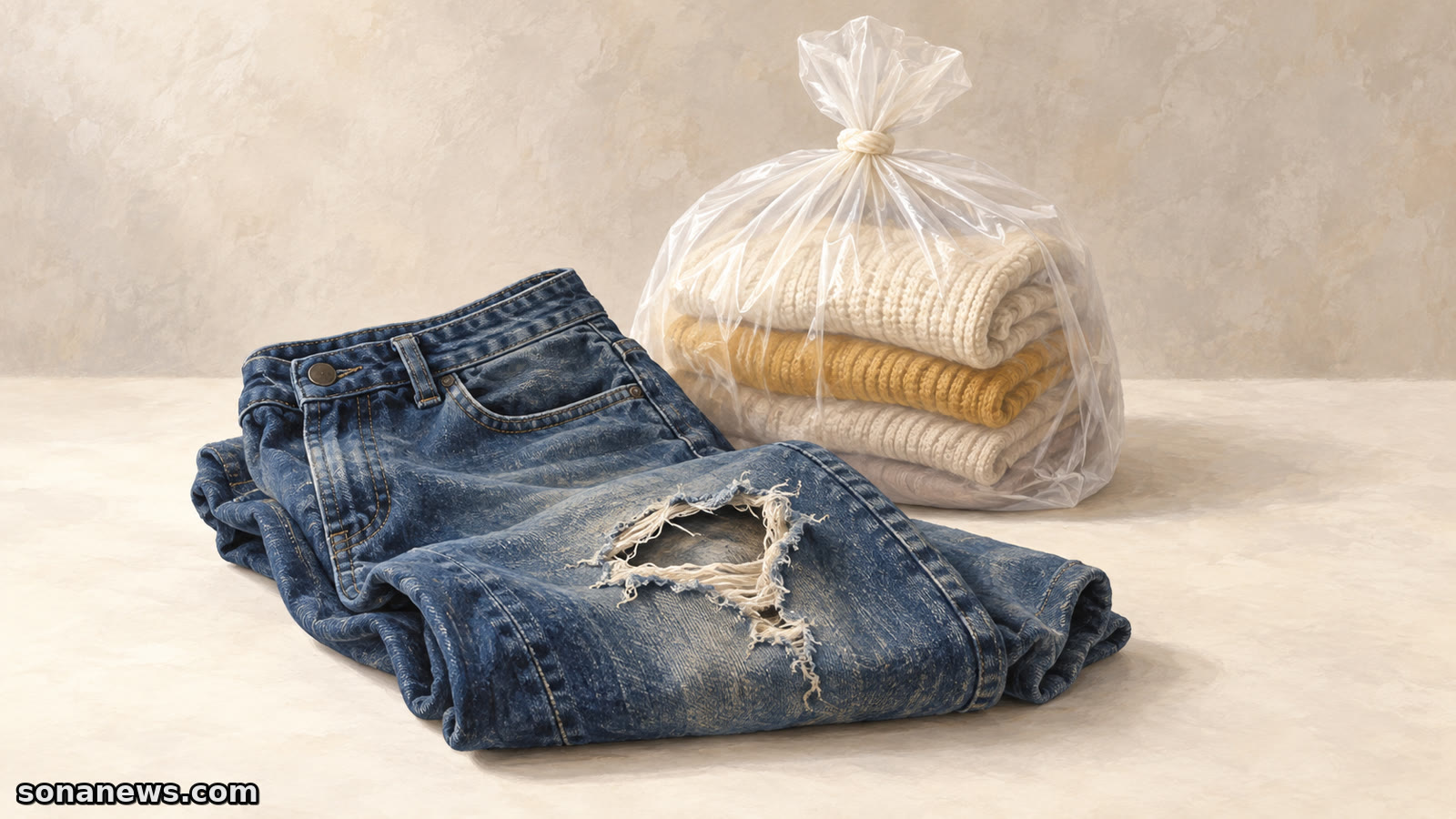 Zerschlissene blaue Jeans mit ausgefranstem Loch liegt getrennt von einem verschlossenen Beutel sauberer Kleidung, als Illustration zum Sortieren von Altkleidern.