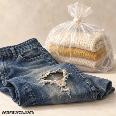 Zerschlissene blaue Jeans mit ausgefranstem Loch liegt getrennt von einem verschlossenen Beutel sauberer Kleidung, als Illustration zum Sortieren von Altkleidern.