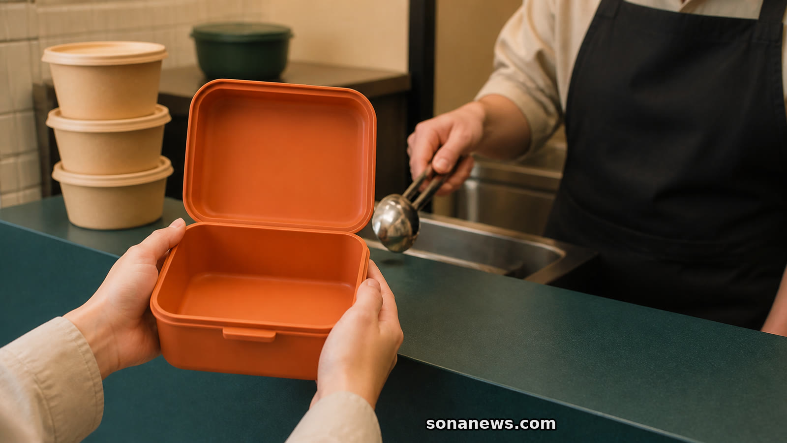 Hände halten eine leere orange Mehrwegdose an einen Take-away-Tresen, während eine Servicekraft den Schöpflöffel über der Ausgabe pausiert.