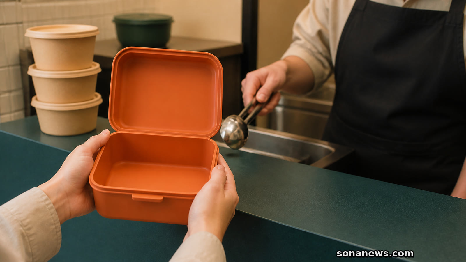 Hände halten eine leere orange Mehrwegdose an einen Take-away-Tresen, während eine Servicekraft den Schöpflöffel über der Ausgabe pausiert.