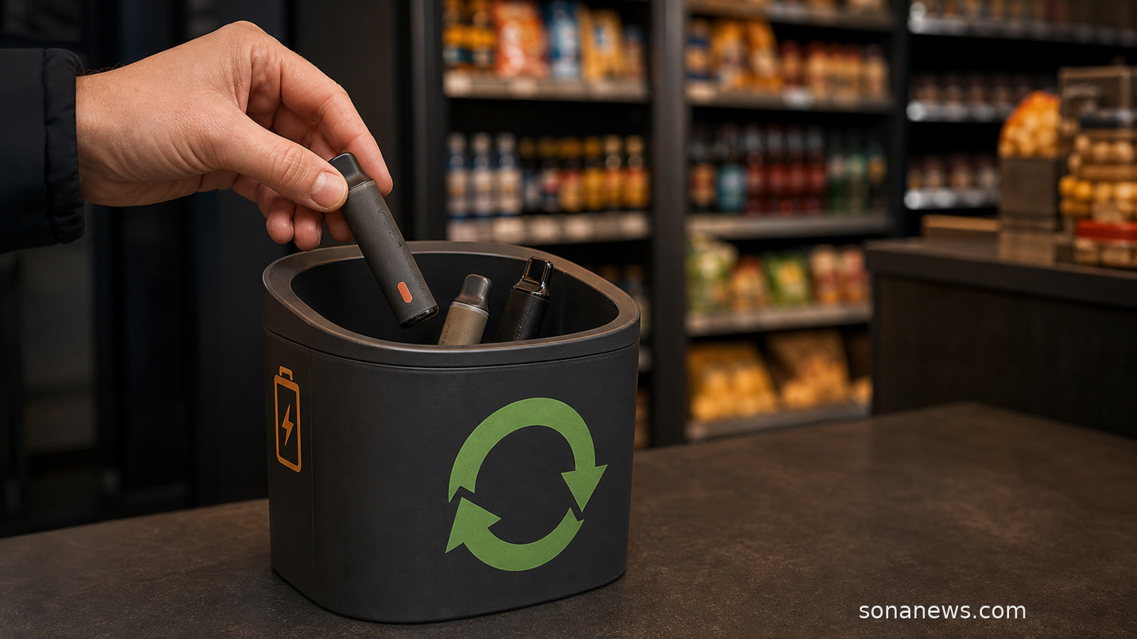Hand legt eine gebrauchte Einweg-E-Zigarette in einen gekennzeichneten Sammelbehälter auf dem Tresen eines Kiosks.