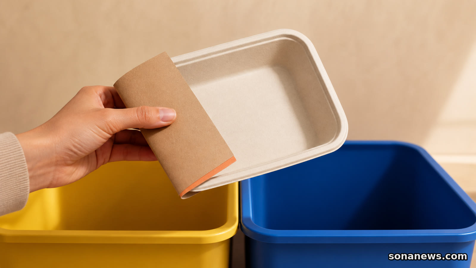 Eine Hand hält eine unbedruckte Take-away-Schale mit getrenntem Papierband zwischen gelbem und blauem Sammelbehälter.
