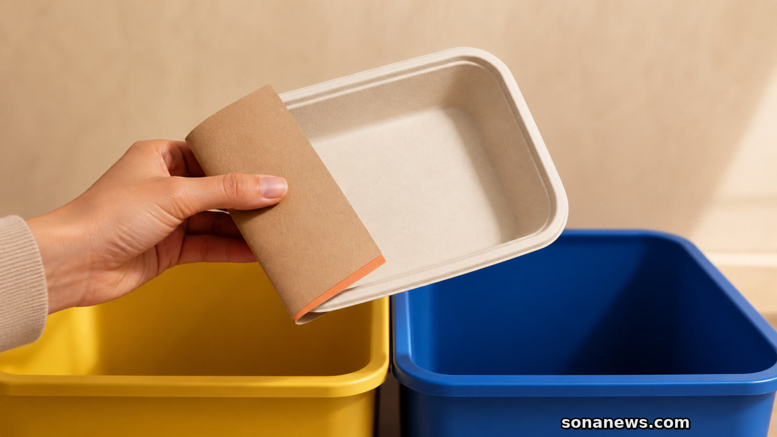 Eine Hand hält eine unbedruckte Take-away-Schale mit getrenntem Papierband zwischen gelbem und blauem Sammelbehälter.