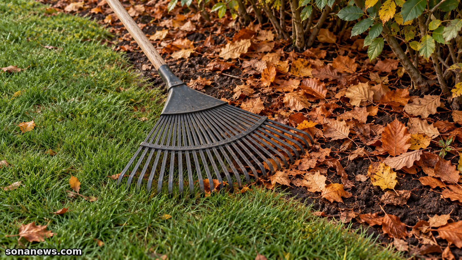 Fächerrechen an einer Rasenkante neben kupferfarbenem Herbstlaub unter einer Hecke, als Illustration zum gezielten Aufräumen im Garten.