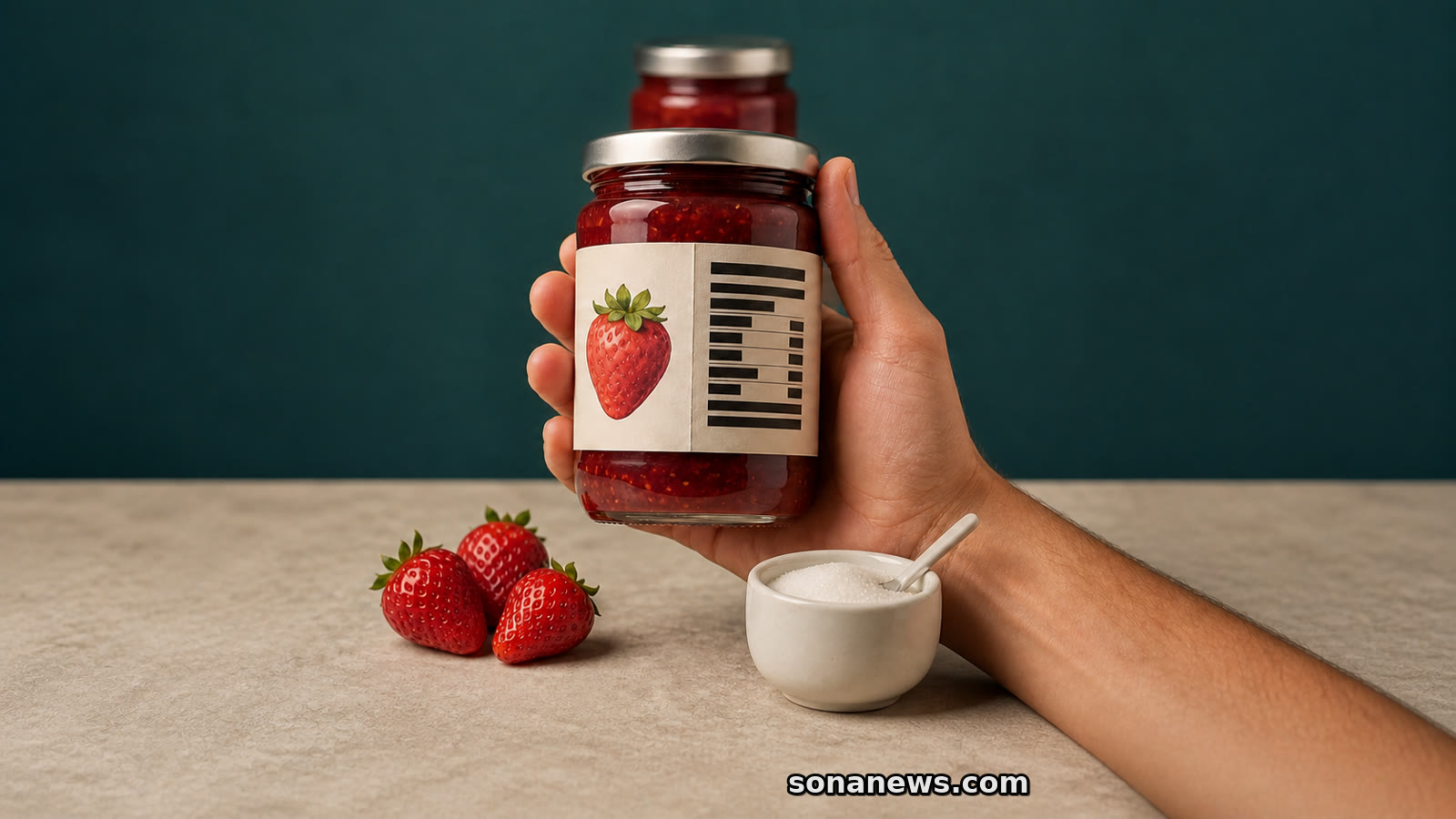 Eine Hand dreht ein Glas Erdbeerkonfitüre zwischen frischen Erdbeeren und einer Zuckerschale zur Etikettprüfung.