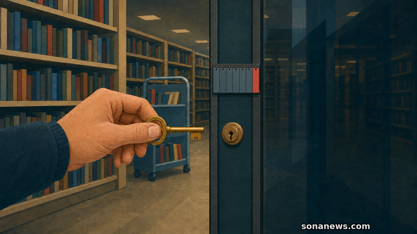 Hand hält einen Messingschlüssel vor das Schloss einer geschlossenen Bibliothekstür, hinter der Bücherregale und ein Rückgabewagen stehen.