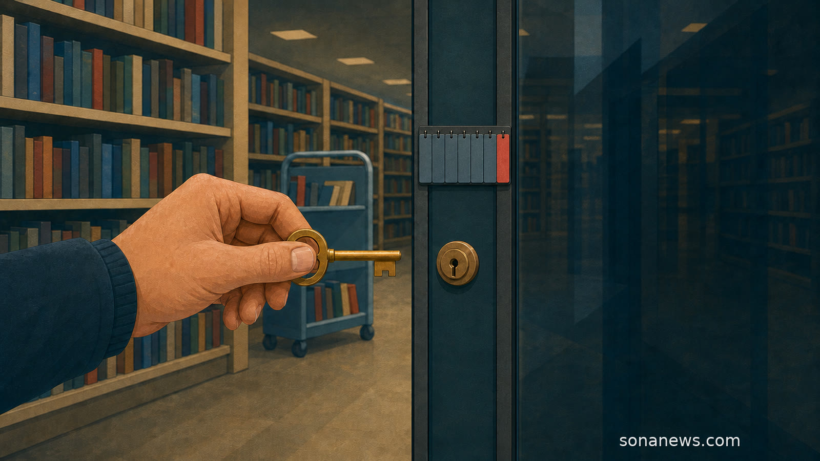 Hand hält einen Messingschlüssel vor das Schloss einer geschlossenen Bibliothekstür, hinter der Bücherregale und ein Rückgabewagen stehen.