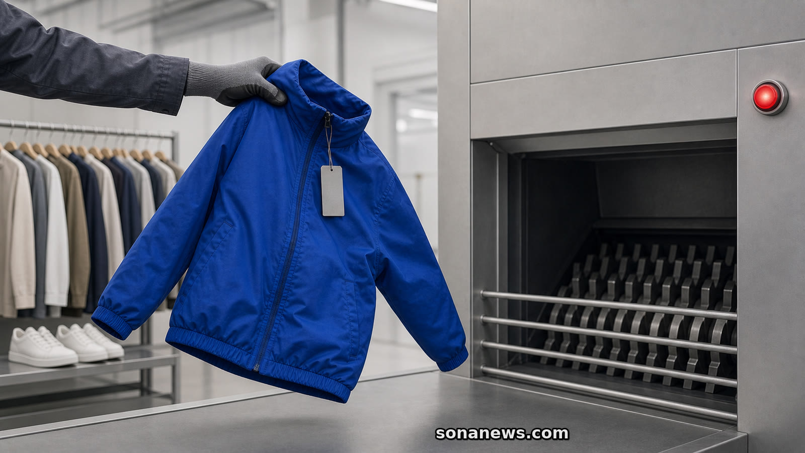 Behandschuhte Hand zieht eine unverkaufte blaue Jacke mit Etikett von einem gestoppten Textilschredder weg.