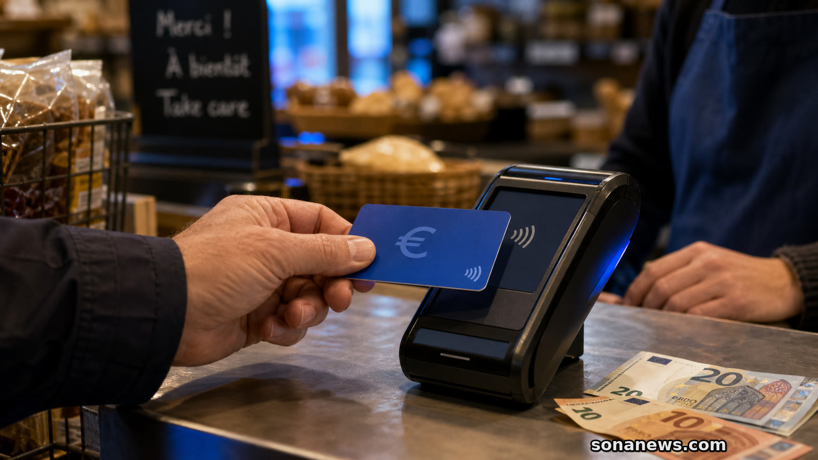 Hand mit blauer Euro-Zahlkarte neben Euro-Banknoten und Zahlungsterminal, zur Illustration des digitalen Euro als möglicher zusätzlicher Zahlungsweg neben Bargeld.