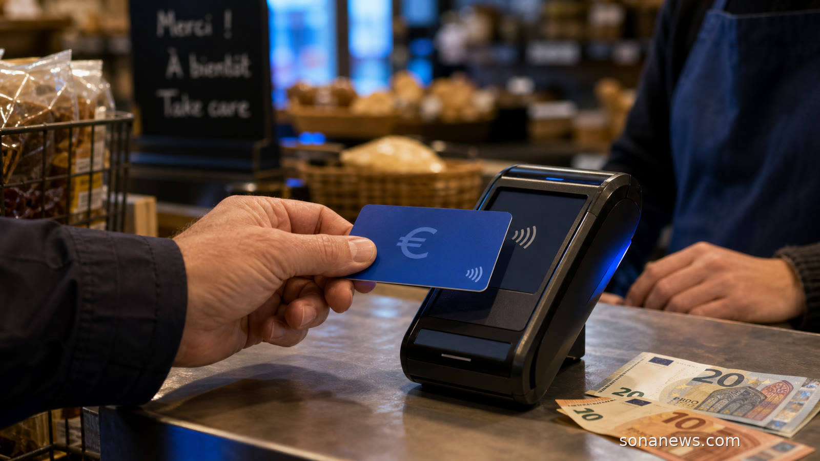 Hand mit blauer Euro-Zahlkarte neben Euro-Banknoten und Zahlungsterminal, zur Illustration des digitalen Euro als möglicher zusätzlicher Zahlungsweg neben Bargeld.