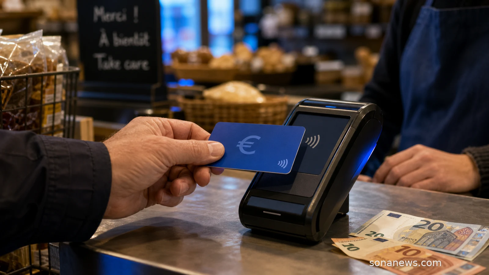 Hand mit blauer Euro-Zahlkarte neben Euro-Banknoten und Zahlungsterminal, zur Illustration des digitalen Euro als möglicher zusätzlicher Zahlungsweg neben Bargeld.
