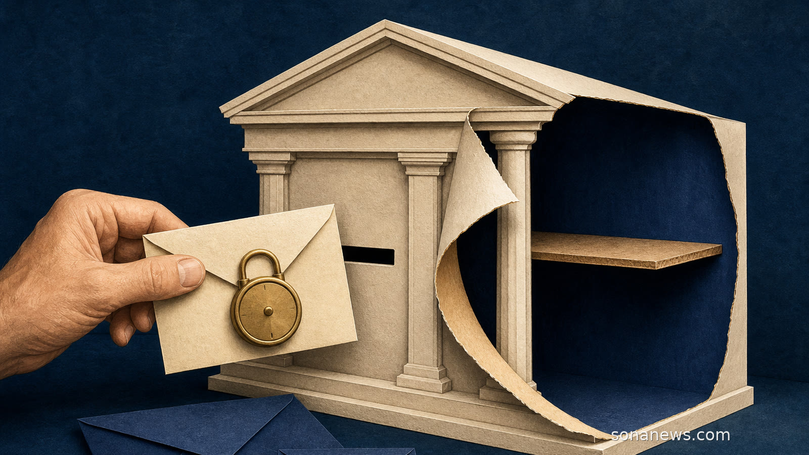 Hand hält einen versiegelten Sparumschlag vor eine Bankfassade aus Papier, deren abgelöste Seite einen leeren Hohlraum zeigt.
