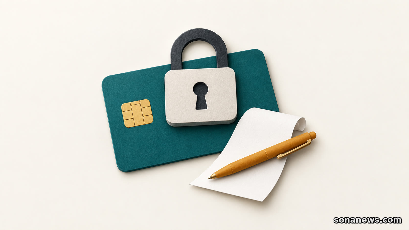 Konzeptillustration zur Girocard-Sperrung: Eine unbeschriftete Bankkarte mit Vorhängeschloss liegt neben einem freien Papierstreifen und einem Stift.
