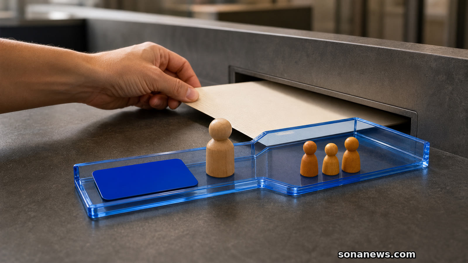 Eine unbedruckte Bescheinigung erweitert konzeptuell den Schutzrahmen einer Bankkarte auf mehrere hölzerne Haushaltsfiguren.
