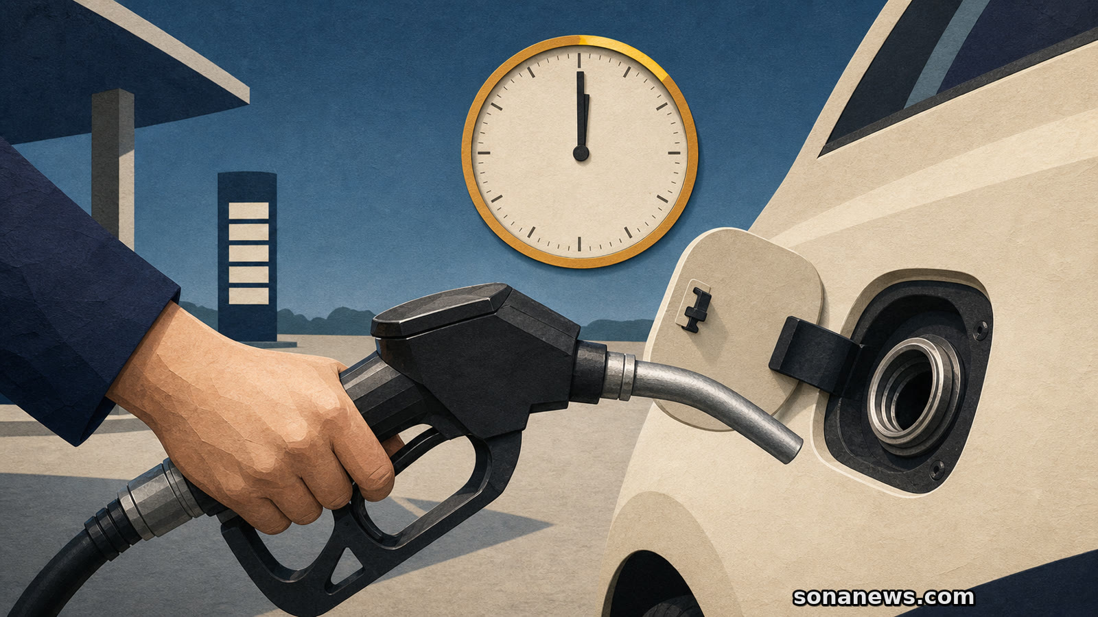 Hand hält einen Tankrüssel vor den offenen Einfüllstutzen eines Autos, dahinter zeigt eine unbeschriftete Tankstellenuhr Mittag.
