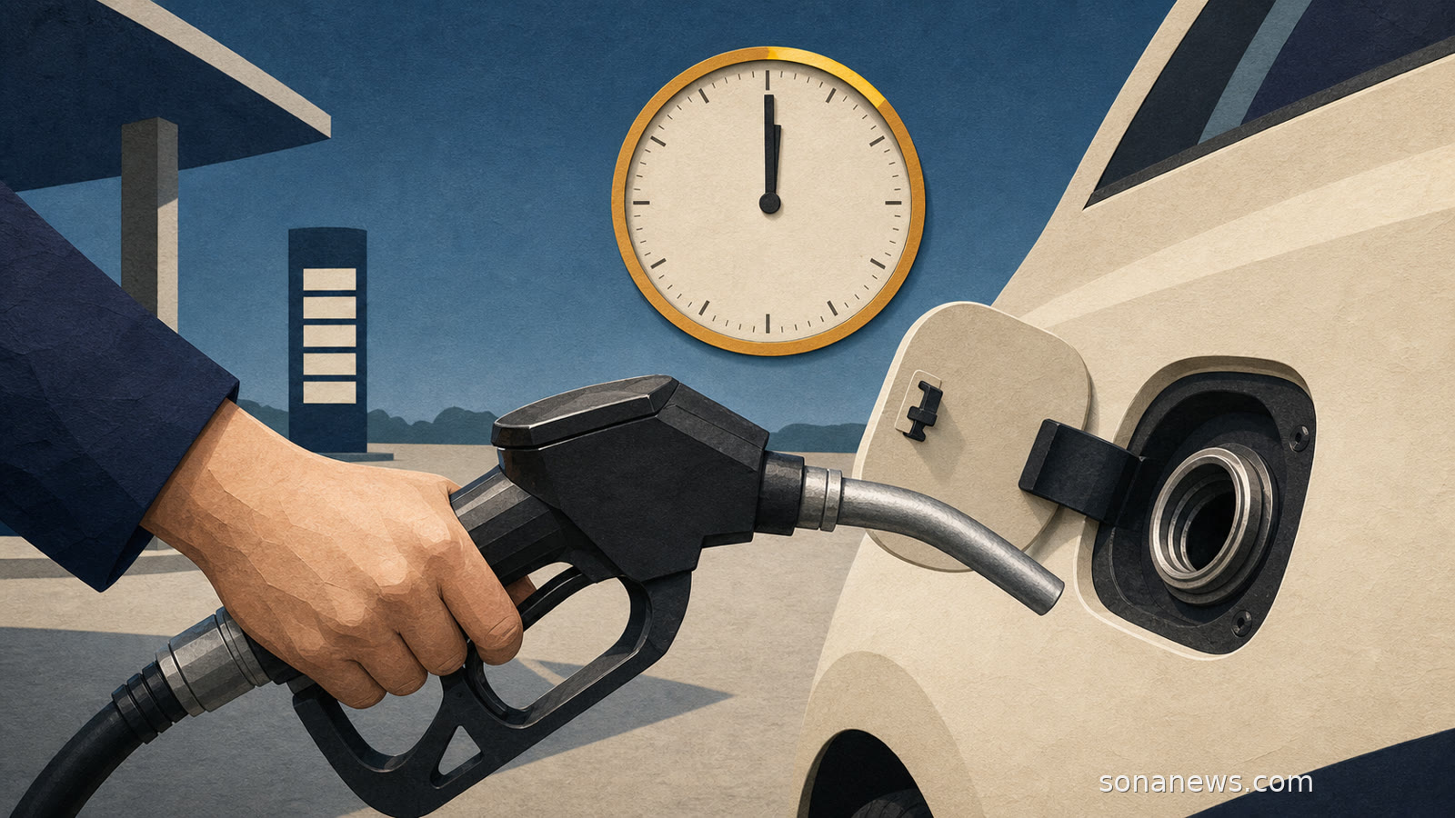 Hand hält einen Tankrüssel vor den offenen Einfüllstutzen eines Autos, dahinter zeigt eine unbeschriftete Tankstellenuhr Mittag.