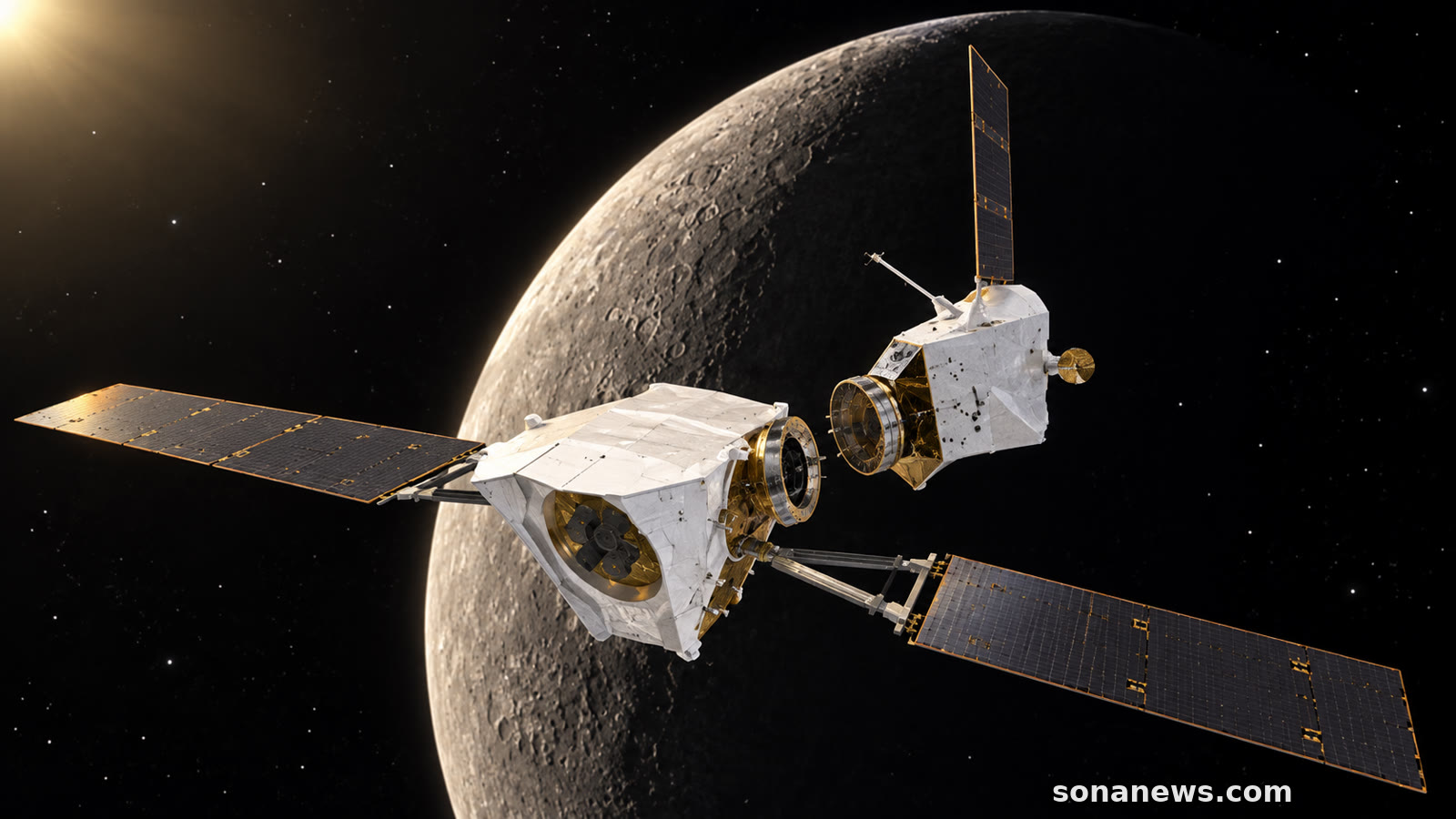 Konzeptillustration zeigt zwei getrennte BepiColombo-Module vor dem beleuchteten Rand des Merkur.