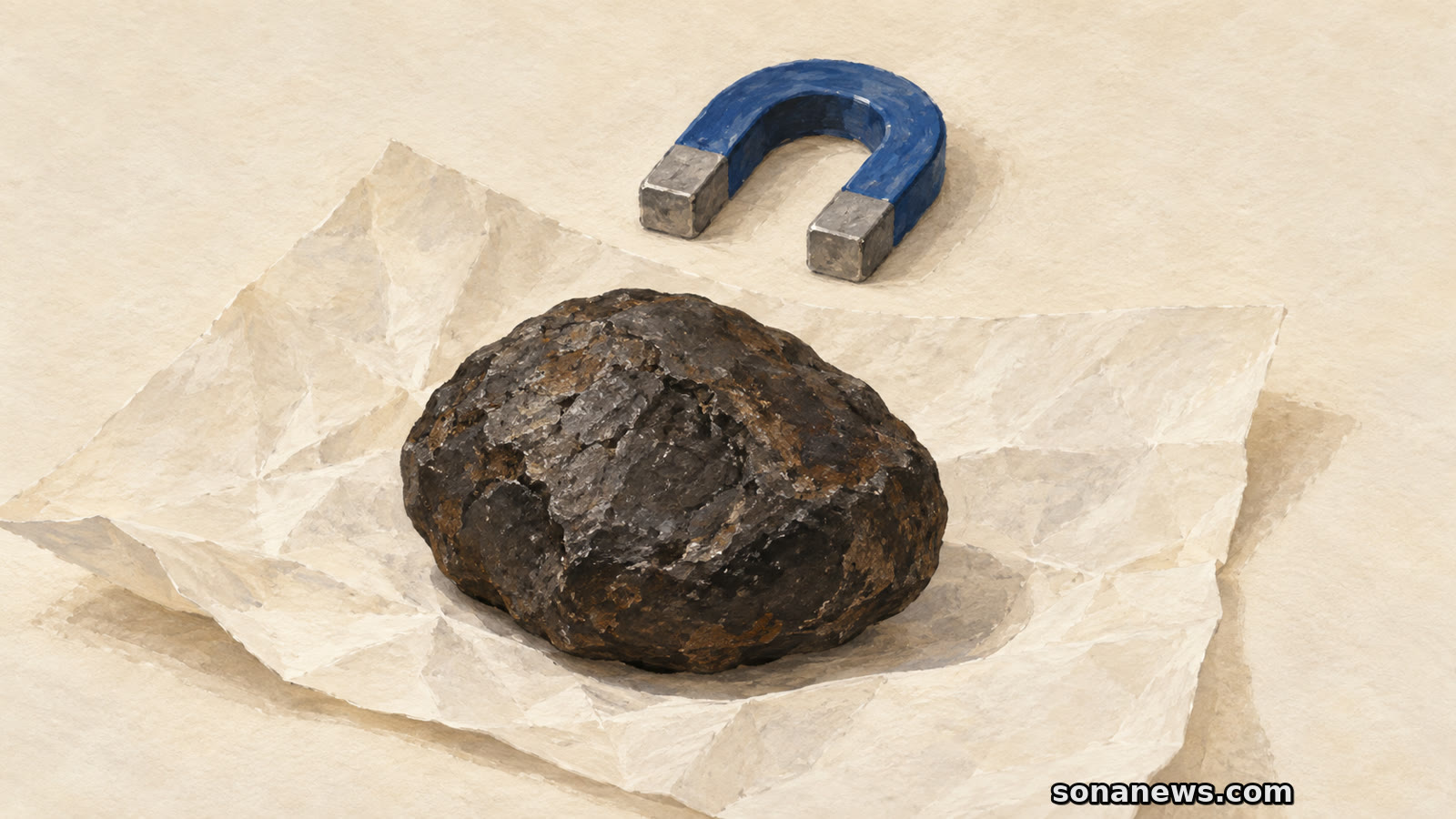 Konzeptillustration eines dunklen möglichen Meteoriten auf hellem Papier, getrennt von einem Hufeisenmagneten als Hinweis auf den problematischen Magnettest.