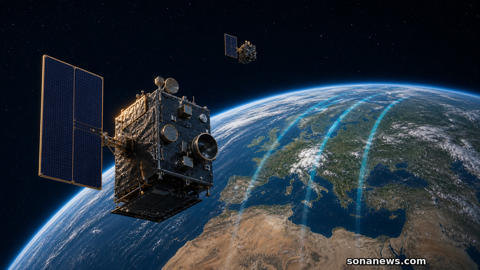 Zwei Meteosat-Wettersatelliten beobachten Europa; cyanfarbene Scanbänder illustrieren den künftigen 2,5-Minuten-Schnellscan von MTG-I2.